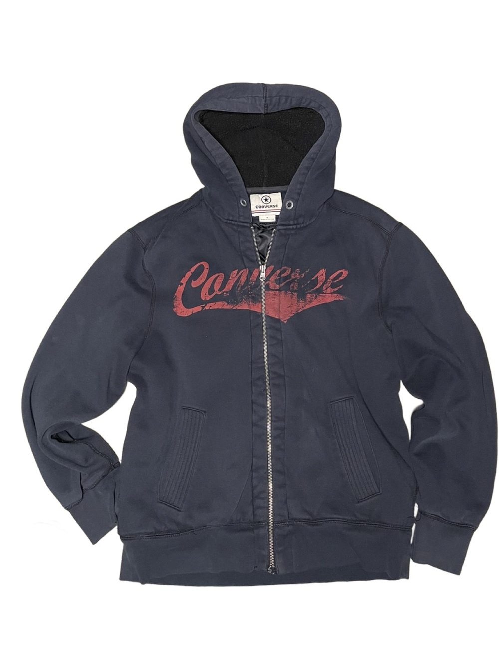 Converse Men’s Black Hooded Zip Bomber Sweatshirt Jacket w/Red Script Logo (M)